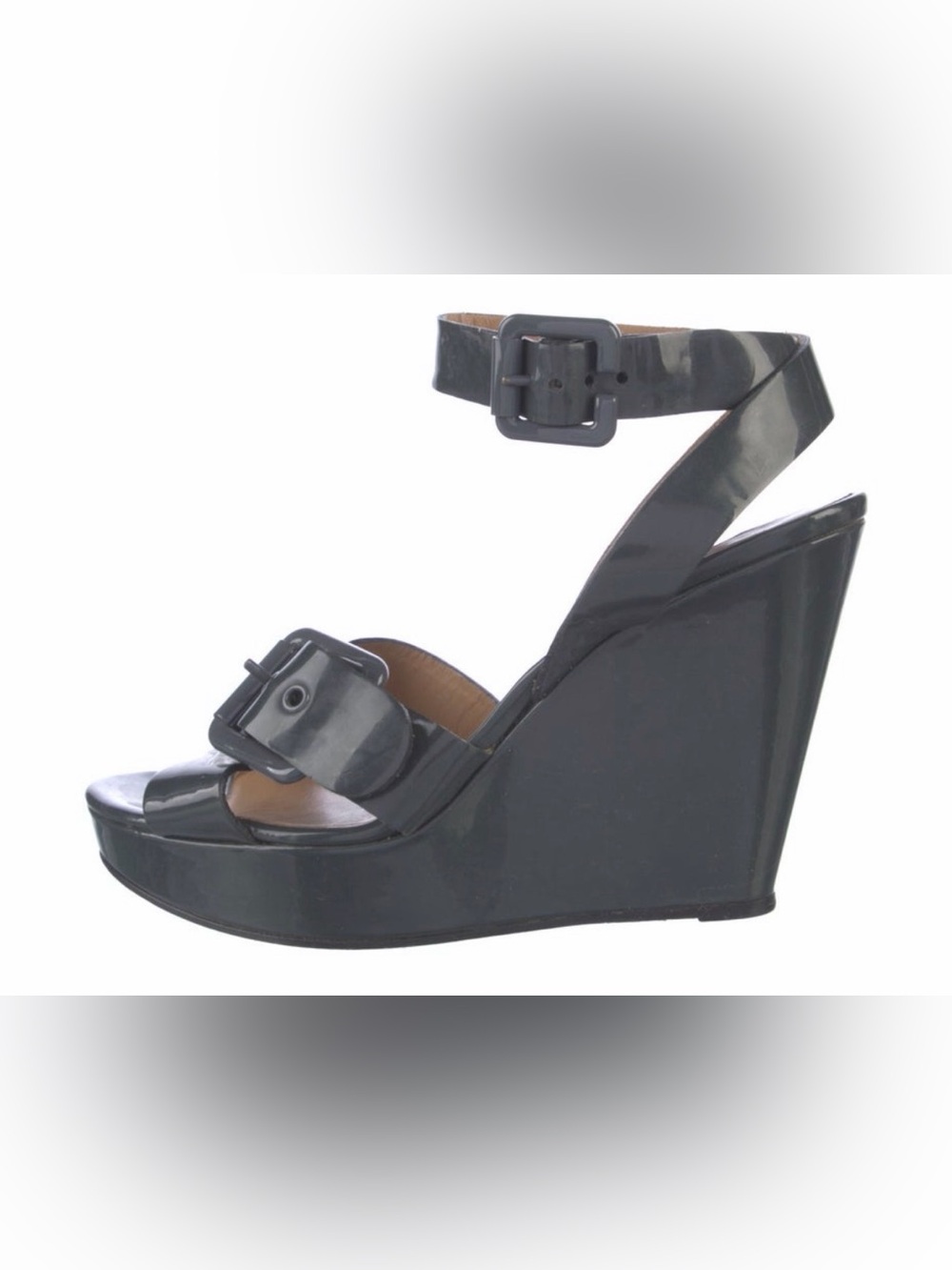 Chloe Black Patent Wedge Sandal with Buckle Straps